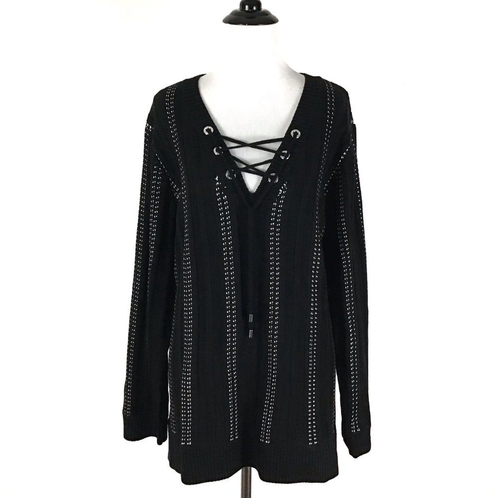 Calvin Klein Plus Lace Up Sweater Black White 1X - Picture 3 of 6